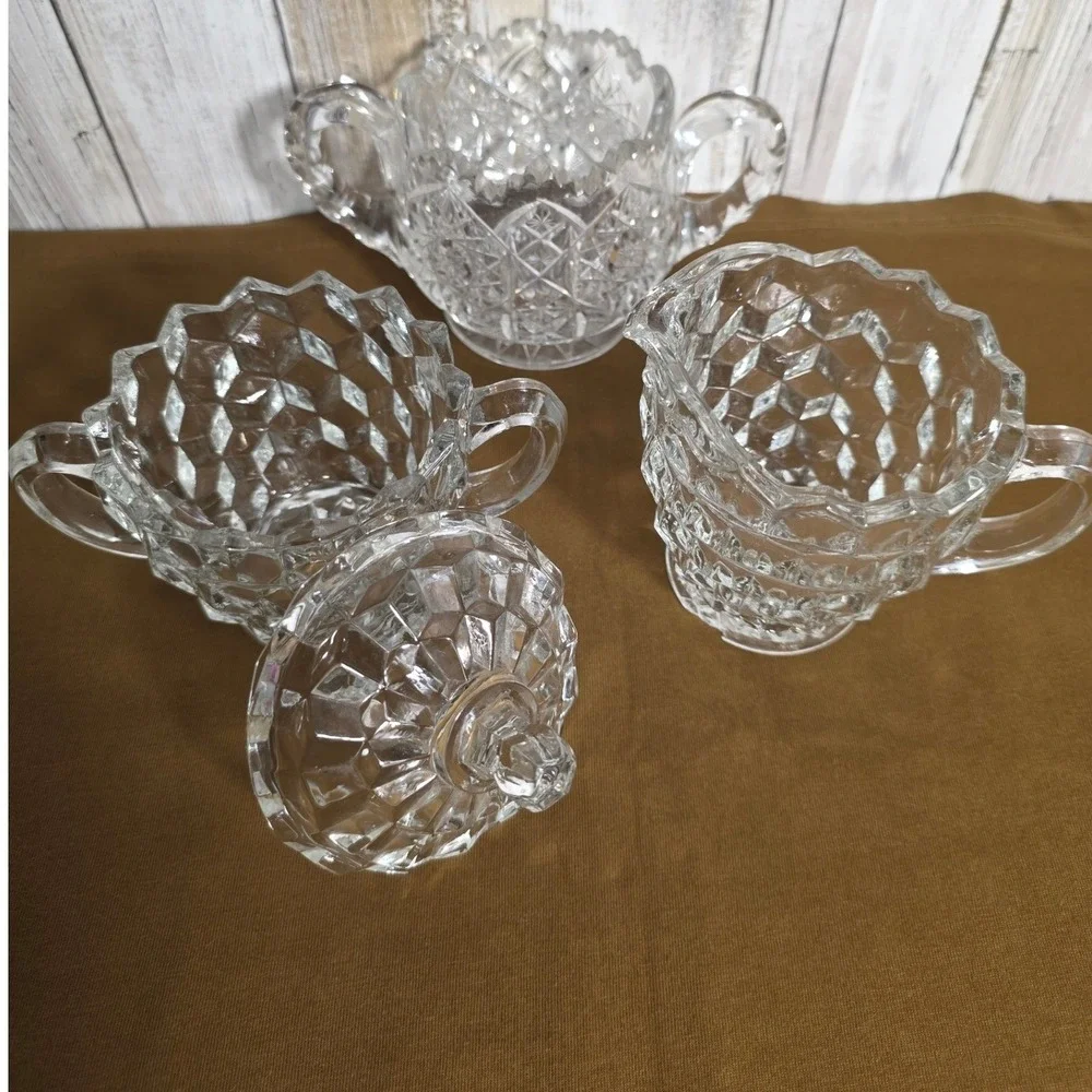 Vintage Fostoria American Clear Glass Creamer and Sugar Bowl Set Diamond Point